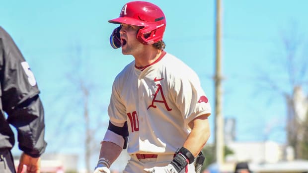 Razorbacks' Peyton Stovall on base against Missouri on Sunday